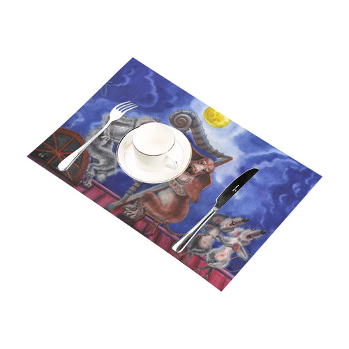Dog, cat and mice singing under the moon on a roof Placemat 12’’ x 18’’ (Set of 4)