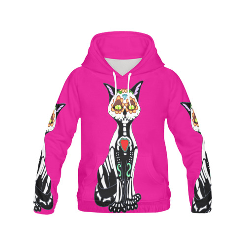 Sugar Skull Cat Pink All Over Print Hoodie for Women (USA Size) (Model H13)