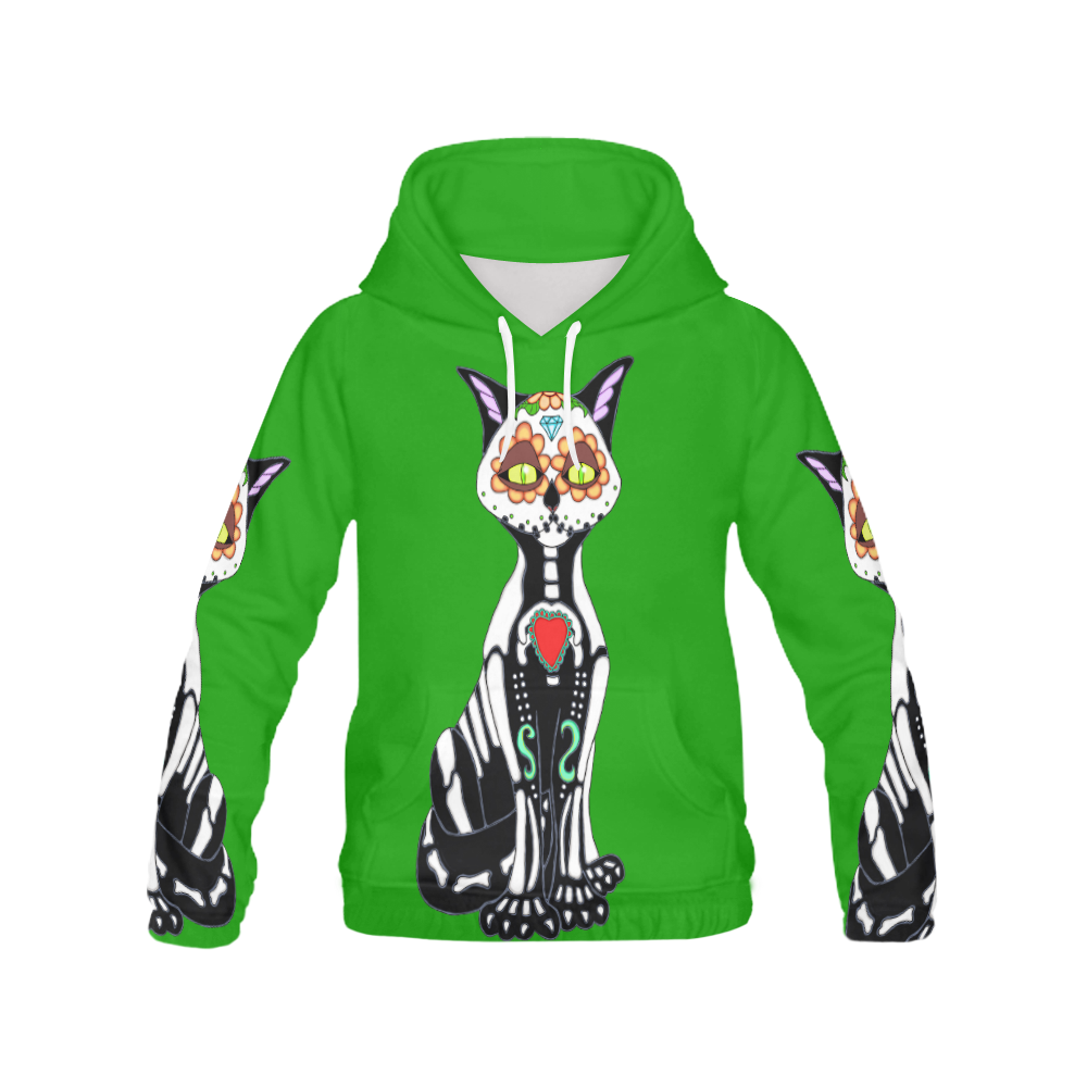 Sugar Skull Cat Green All Over Print Hoodie for Women (USA Size) (Model H13)