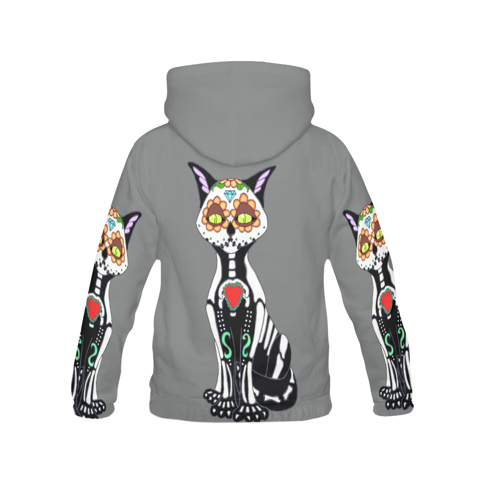 Sugar Skull Cat Grey All Over Print Hoodie for Women (USA Size) (Model H13)