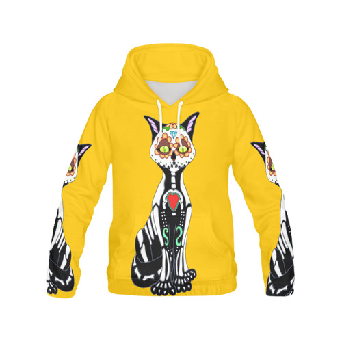 Sugar Skull Cat Yellow All Over Print Hoodie for Women (USA Size) (Model H13)