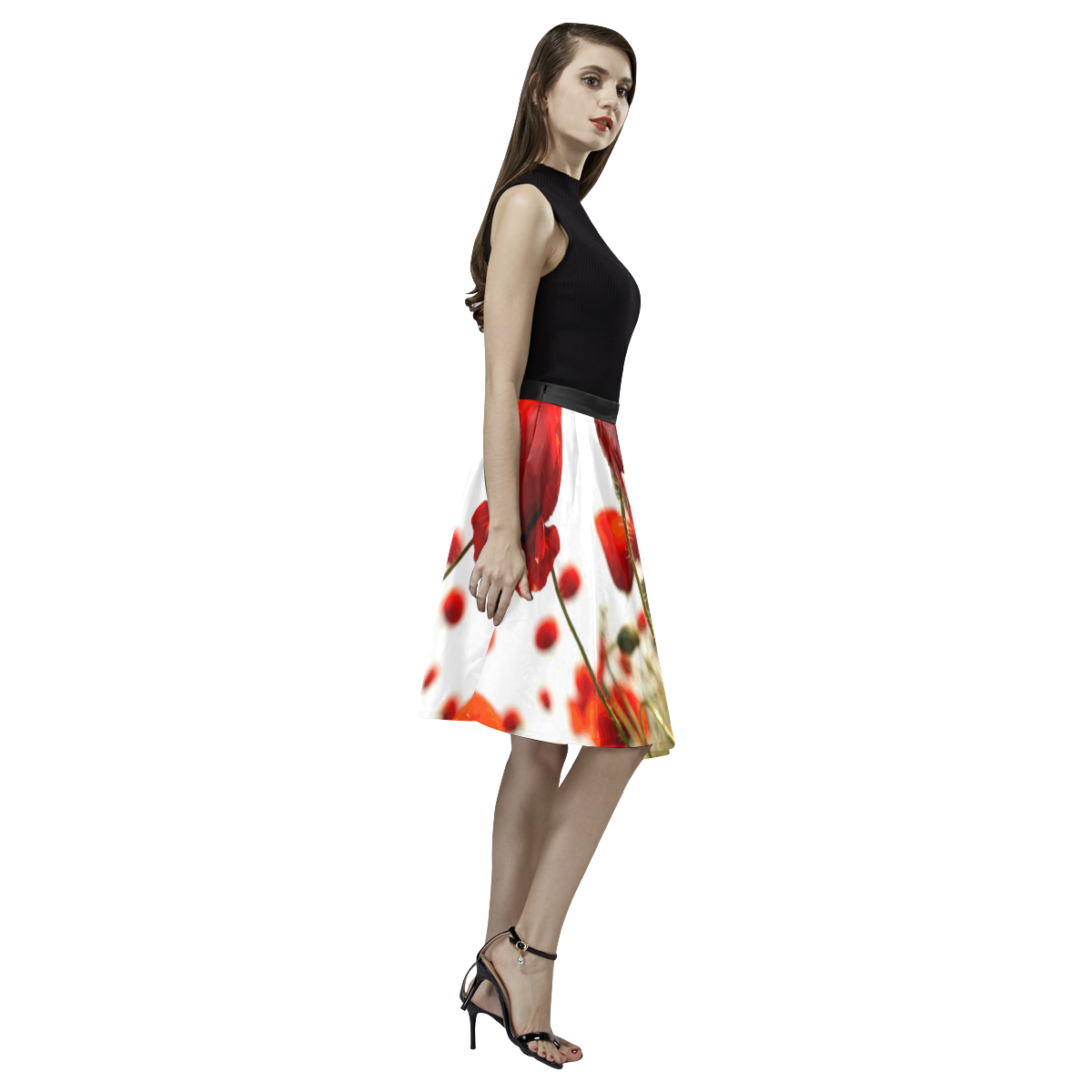 Red Poppies Melete Pleated Midi Skirt (Model D15)