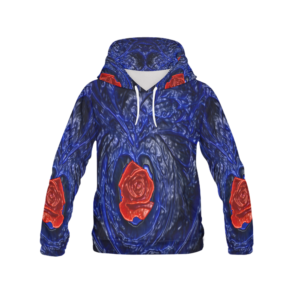Blue fractal heart with red rose in plastic style All Over Print Hoodie for Women (USA Size) (Model H13)