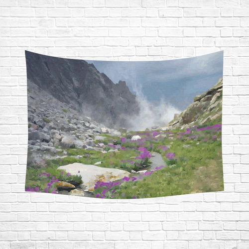 Floral Mountain Landscape Purple Flowers Cotton Linen Wall Tapestry 80"x 60"