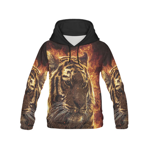 A magnificent tiger is surrounded by flames All Over Print Hoodie for Women (USA Size) (Model H13)