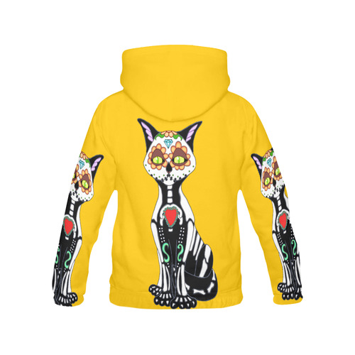 Sugar Skull Cat Yellow All Over Print Hoodie for Women (USA Size) (Model H13)