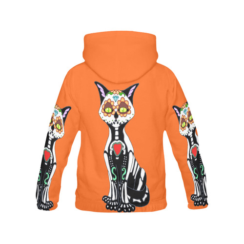 Sugar Skull Cat Orange All Over Print Hoodie for Women (USA Size) (Model H13)