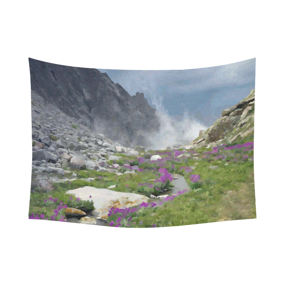 Floral Mountain Landscape Purple Flowers Cotton Linen Wall Tapestry 80"x 60"