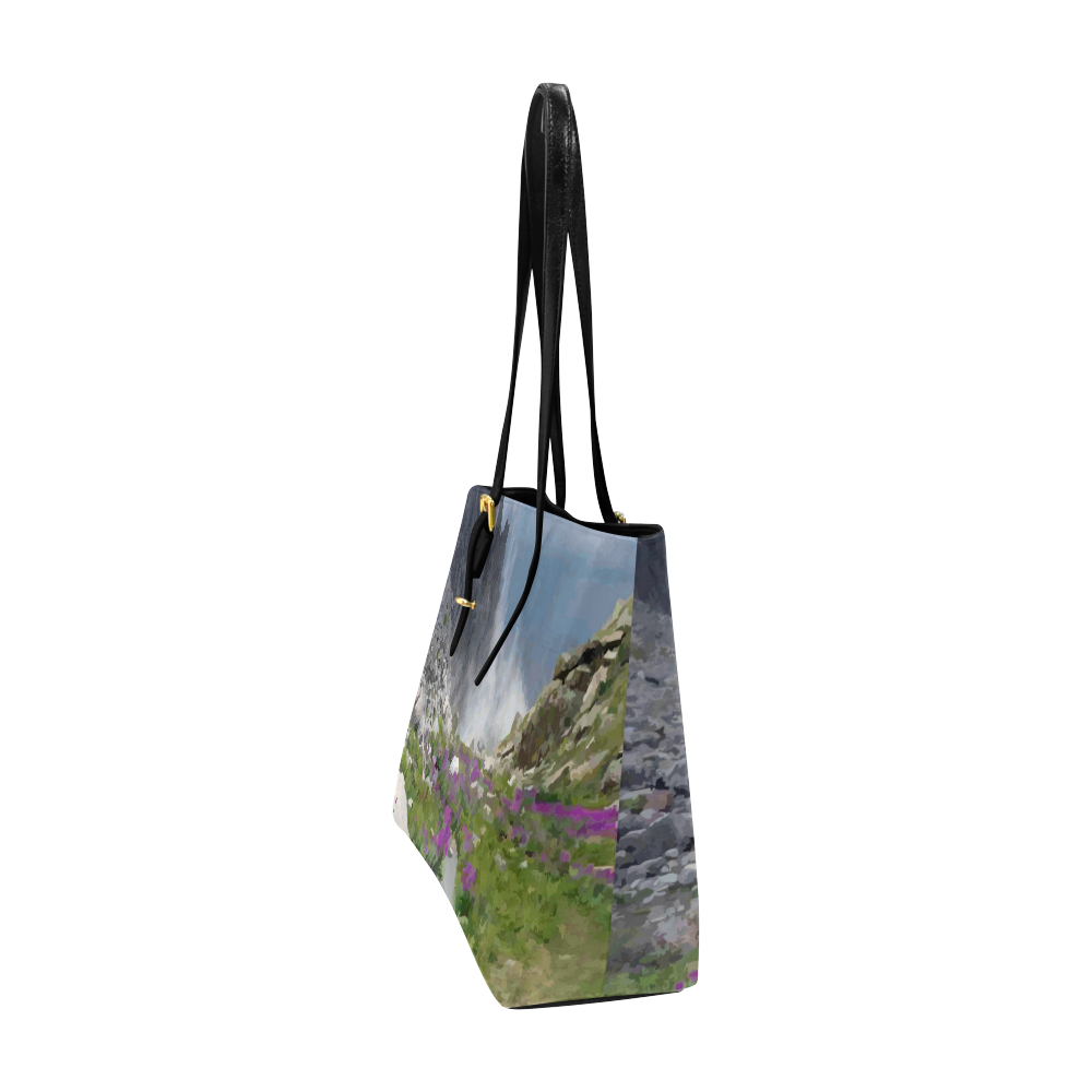 Floral Mountain Landscape Purple Flowers Euramerican Tote Bag/Large (Model 1656)