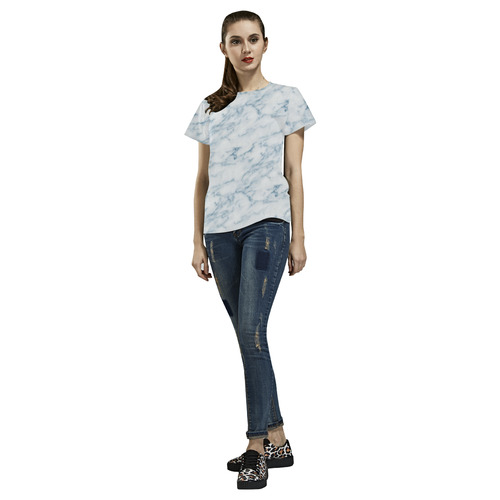 Italian Marble,Rimini Blu,white,blue All Over Print T-Shirt for Women (USA Size) (Model T40)