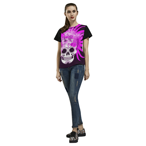 hippie skull,pink All Over Print T-Shirt for Women (USA Size) (Model T40)