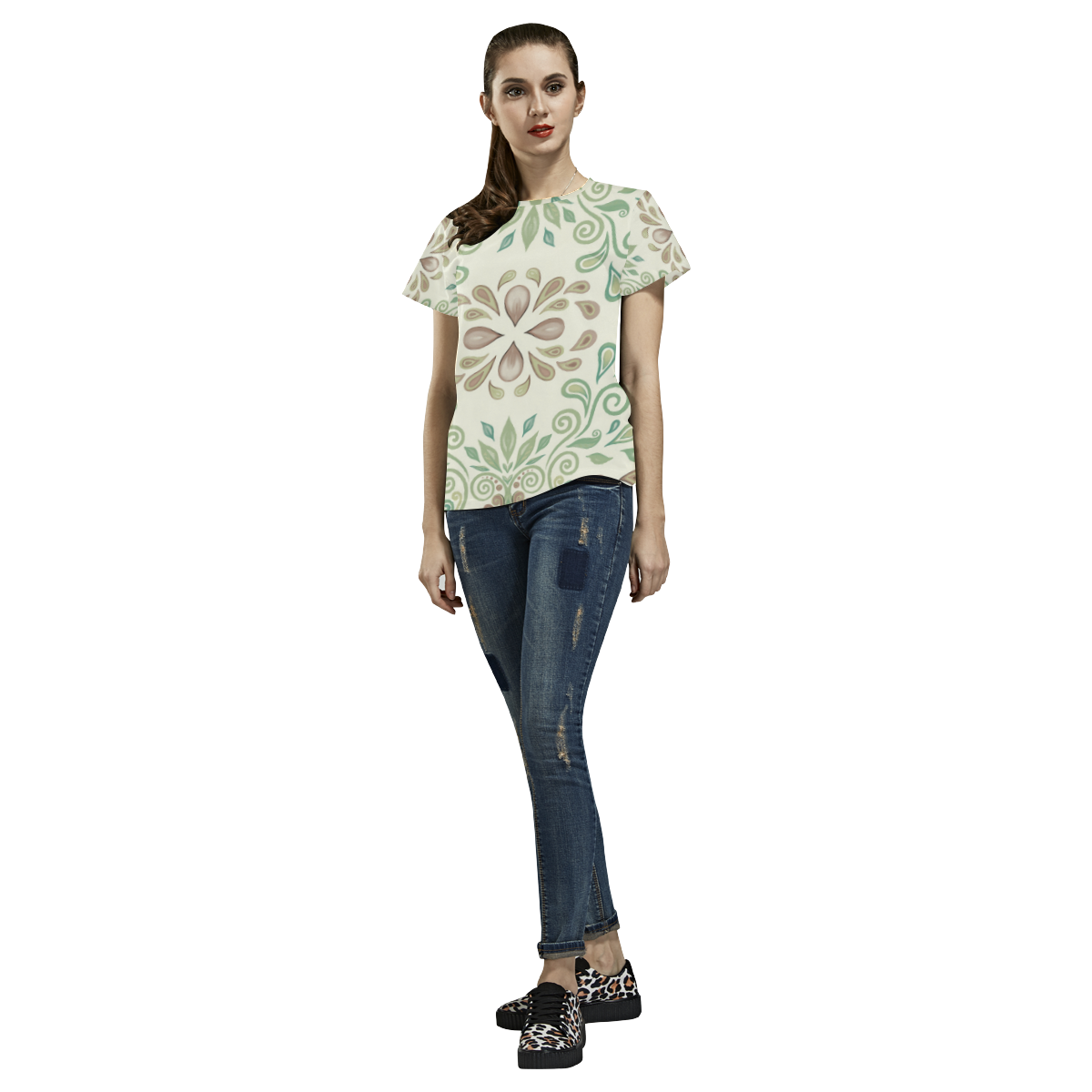 Green watercolor ornament, pattern All Over Print T-Shirt for Women (USA Size) (Model T40)