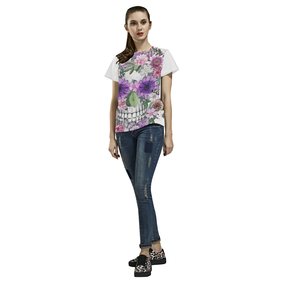 flower skull pink, orange,violett All Over Print T-Shirt for Women (USA Size) (Model T40)