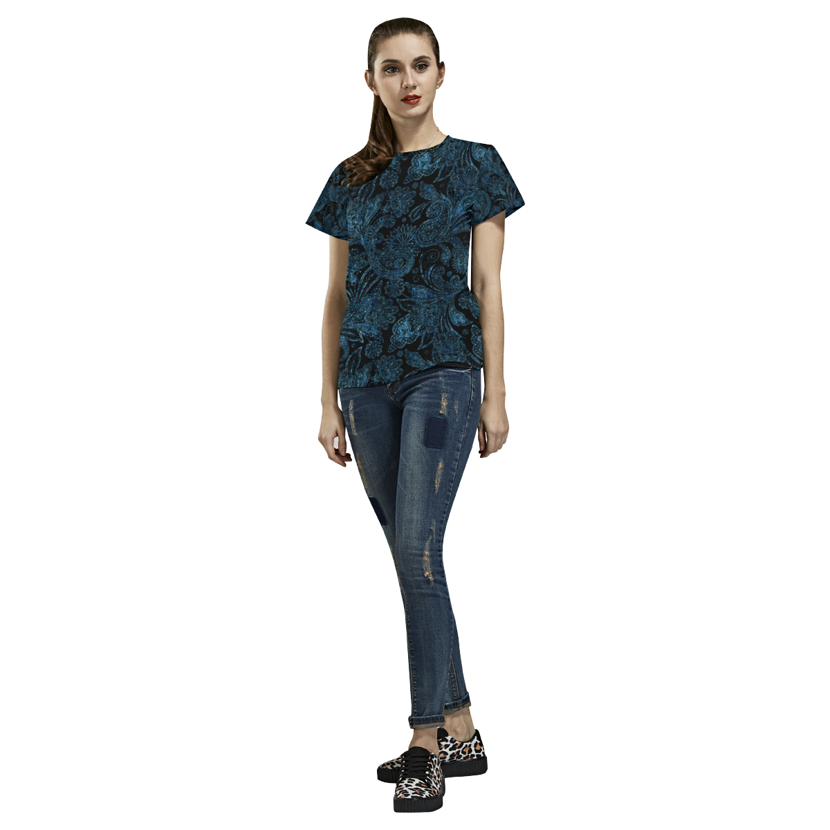 Elegant blue flower glitter look All Over Print T-Shirt for Women (USA Size) (Model T40)