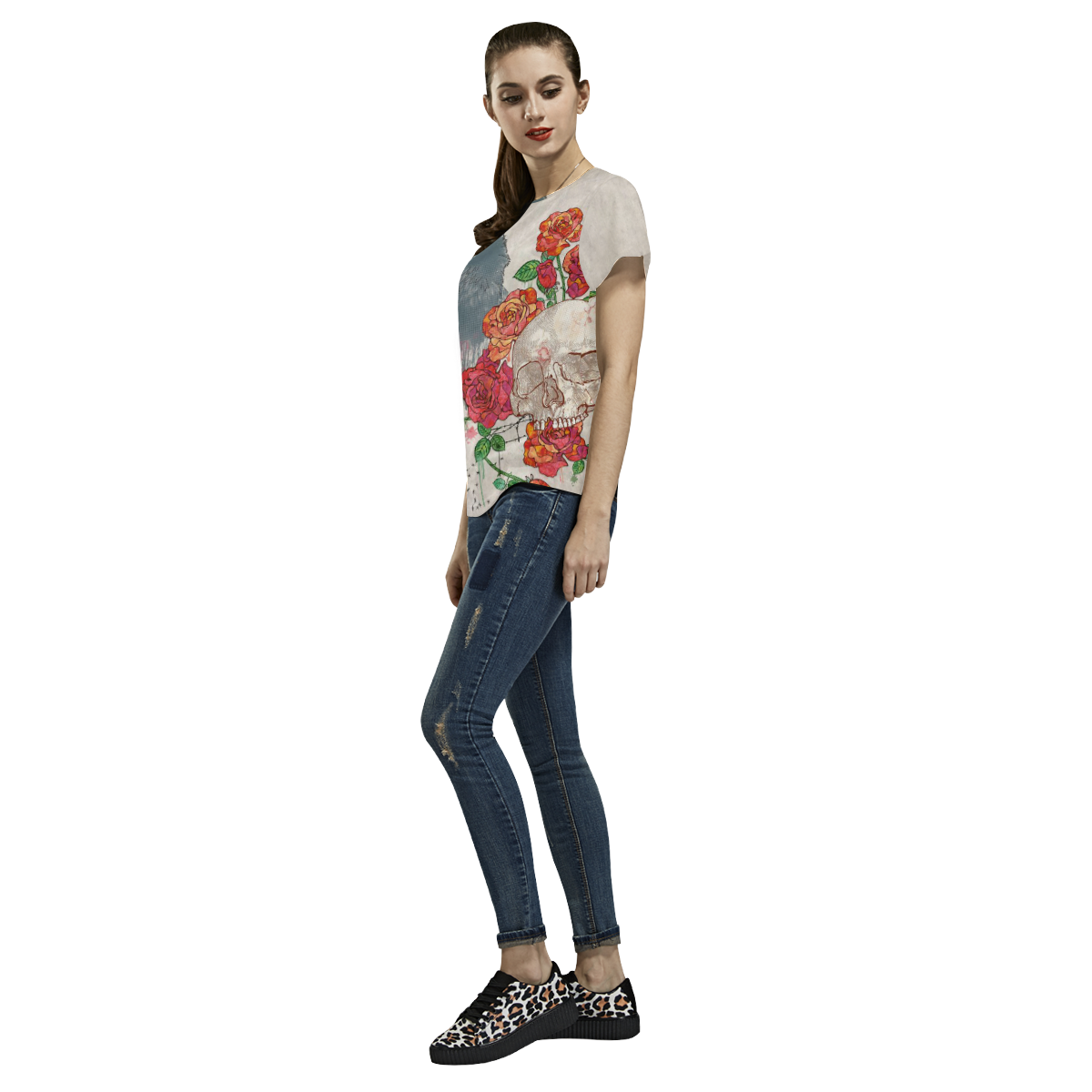 watercolor skull with roses All Over Print T-Shirt for Women (USA Size) (Model T40)