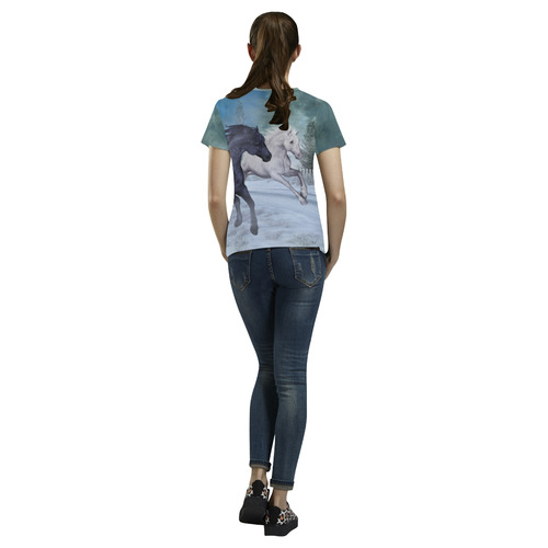 Two horses galloping through a winter landscape All Over Print T-Shirt for Women (USA Size) (Model T40)