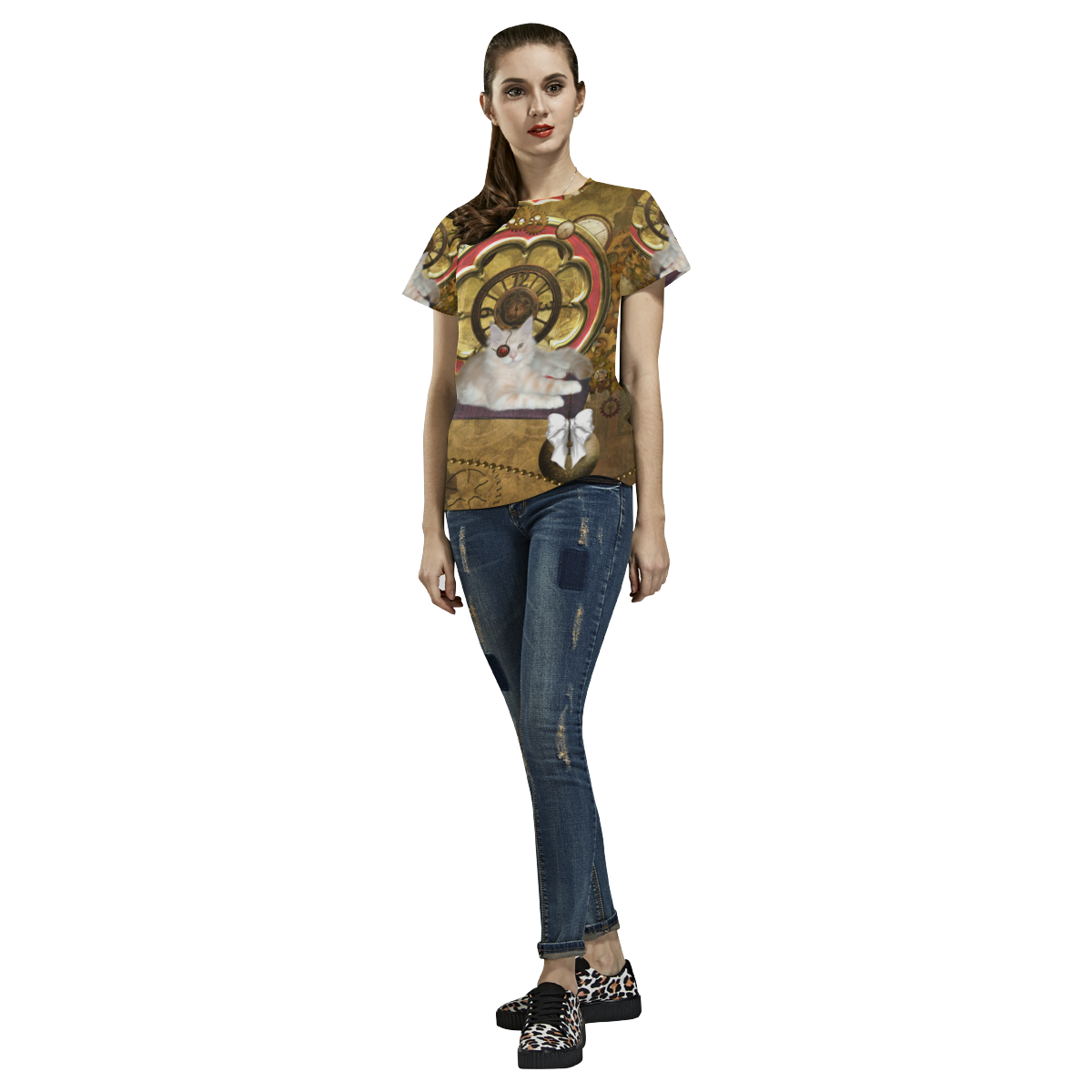 Steampunk, awseome cat clacks and gears All Over Print T-Shirt for Women (USA Size) (Model T40)