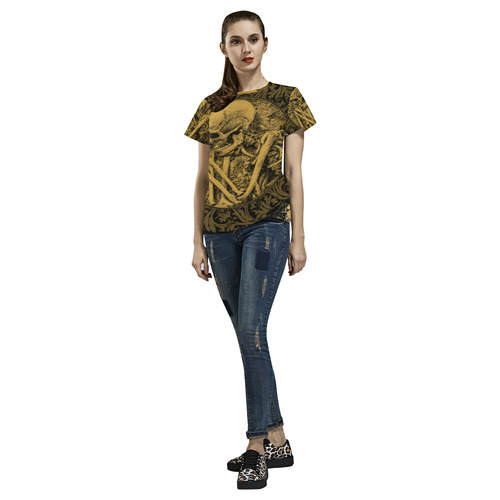 The skeleton in a round button with flowers All Over Print T-Shirt for Women (USA Size) (Model T40)