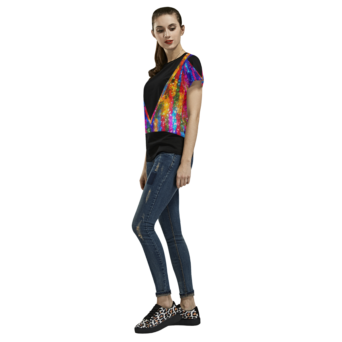 Black And Rainbow Glitter Sequins V All Over Print T-Shirt for Women (USA Size) (Model T40)