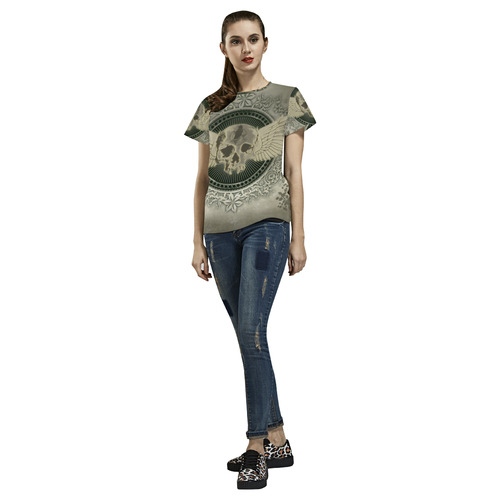 Skull with wings and roses on vintage background All Over Print T-Shirt for Women (USA Size) (Model T40)