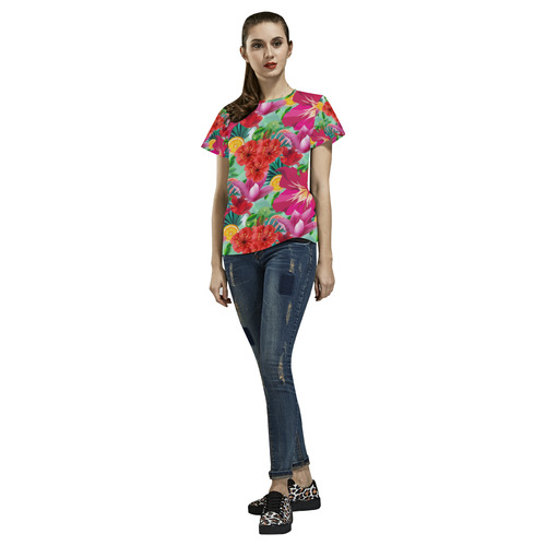 TropicalSummer Flower And Fruit Pattern All Over Print T-Shirt for Women (USA Size) (Model T40)