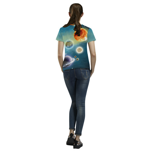 Space scenario with  meteorite sun and planets All Over Print T-Shirt for Women (USA Size) (Model T40)