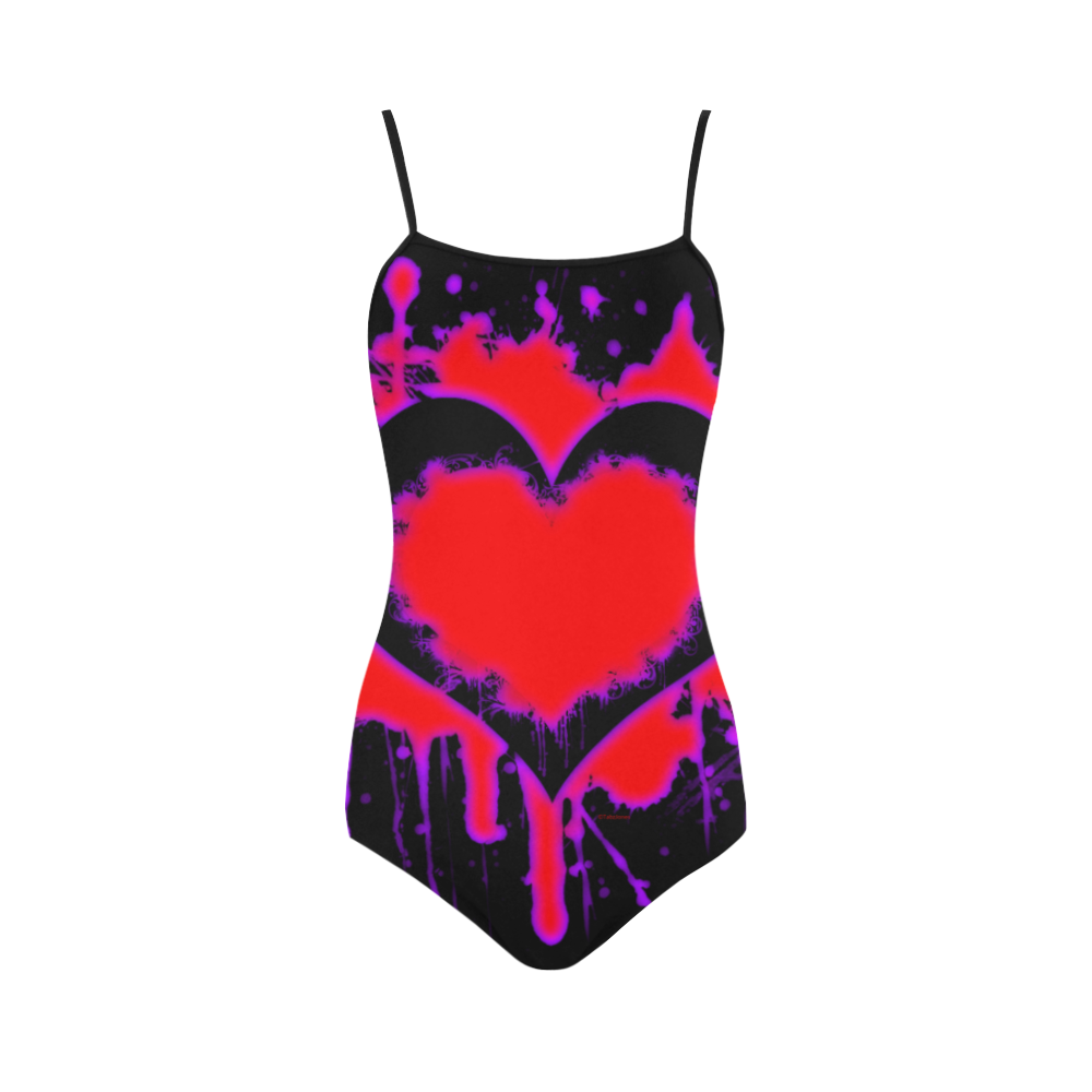 Splattered Heart Gothic Art Strap Swimsuit ( Model S05)