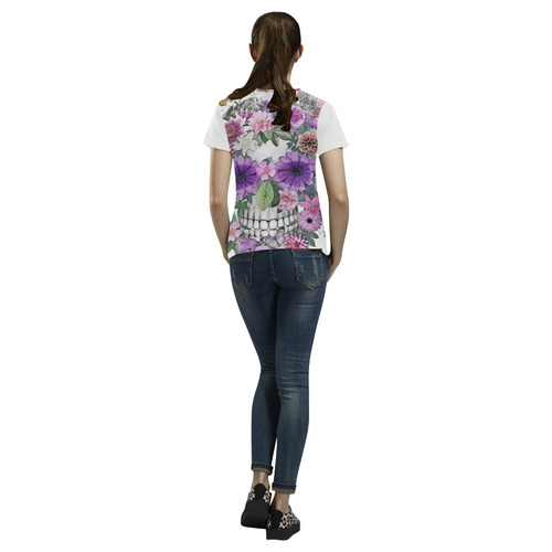 flower skull pink, orange,violett All Over Print T-Shirt for Women (USA Size) (Model T40)