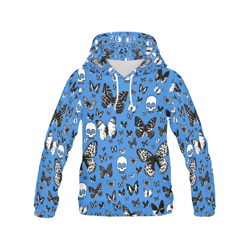 Skulls & Butterflies on Blue All Over Print Hoodie for Women (USA Size) (Model H13)