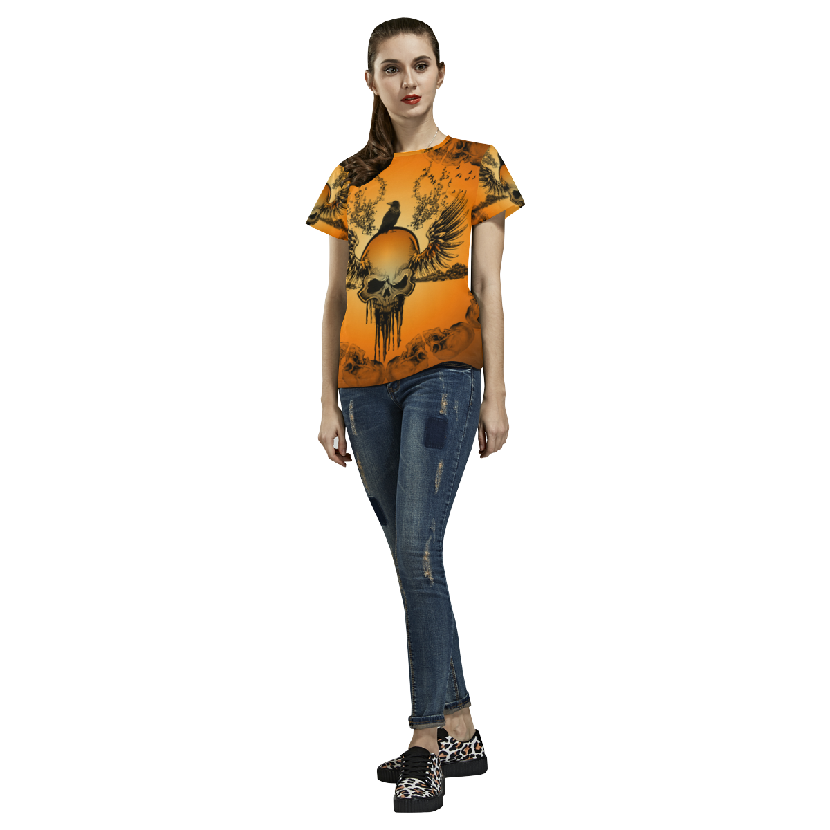 Amazing skull with crow All Over Print T-Shirt for Women (USA Size) (Model T40)