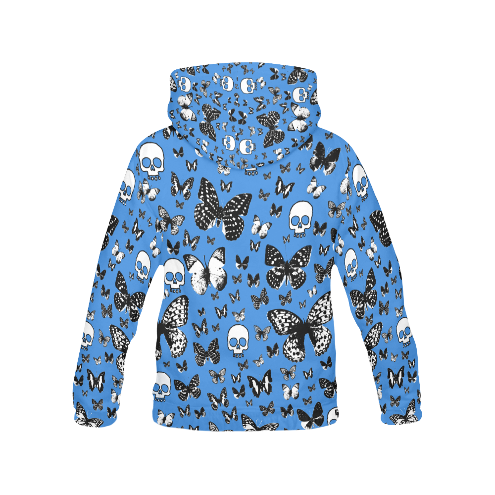 Skulls & Butterflies on Blue All Over Print Hoodie for Women (USA Size) (Model H13)
