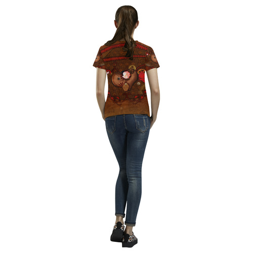 Steampunk heart with roses, valentines All Over Print T-Shirt for Women (USA Size) (Model T40)