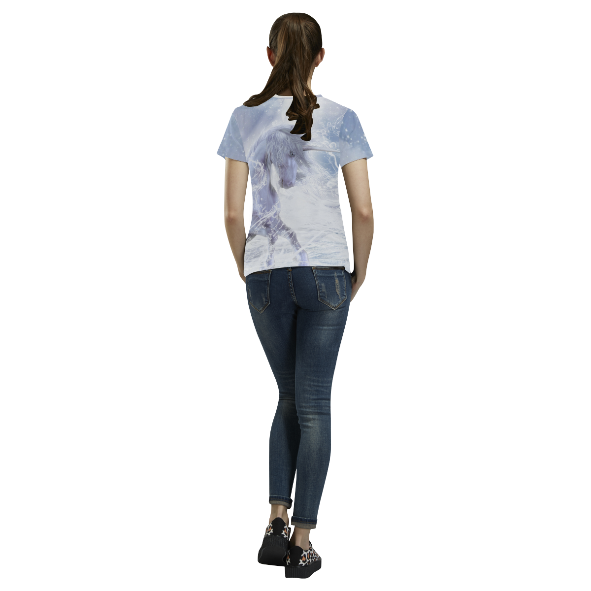 A dreamlike unicorn wades through the water All Over Print T-Shirt for Women (USA Size) (Model T40)