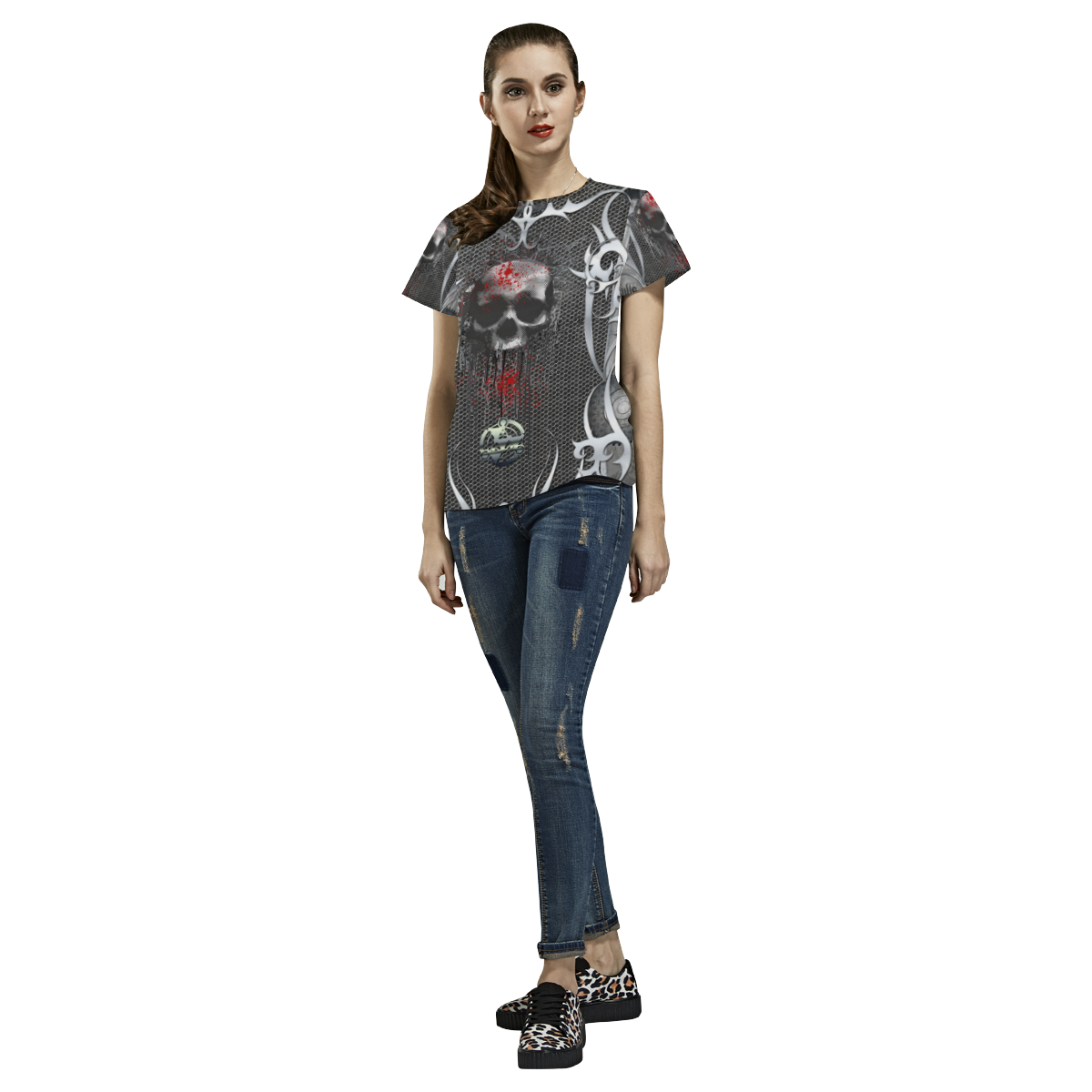 Awesome skull on metal design All Over Print T-Shirt for Women (USA Size) (Model T40)