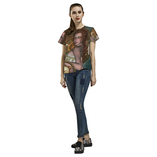 The steampunk lady with awesome eyes, clocks All Over Print T-Shirt for Women (USA Size) (Model T40)