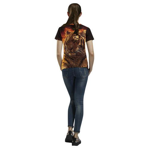 A magnificent tiger is surrounded by flames All Over Print T-Shirt for Women (USA Size) (Model T40)