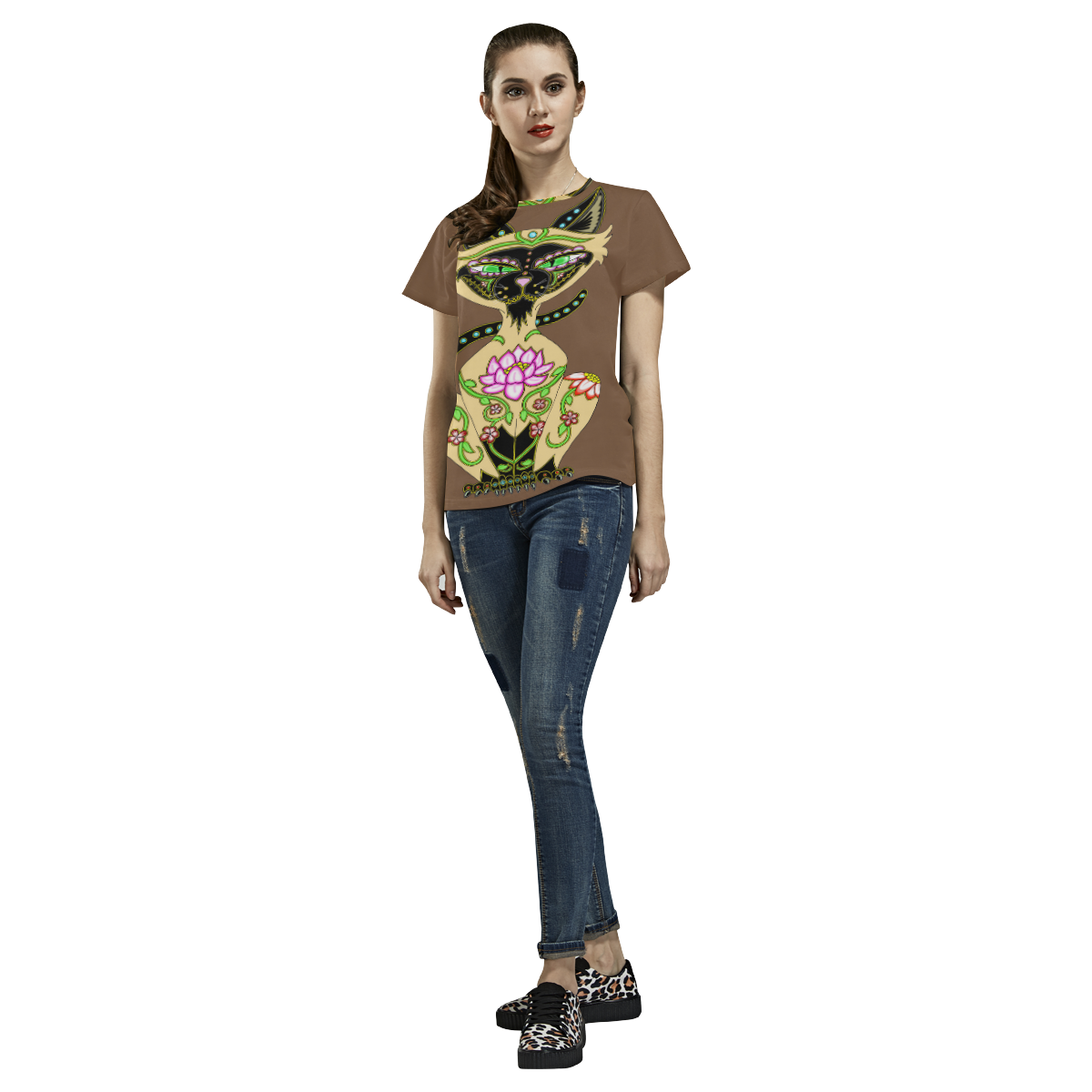 Siamese Cat Sugar Skull Brown All Over Print T-Shirt for Women (USA Size) (Model T40)