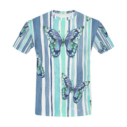 Watercolor Butterflies & Stripes Blue Cyan All Over Print T-Shirt for Men (USA Size) (Model T40)