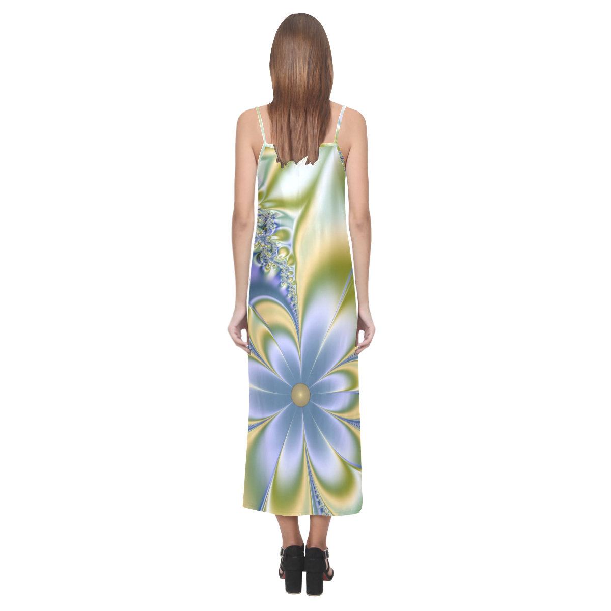 Silky Flowers V-Neck Open Fork Long Dress(Model D18)