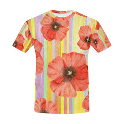 Watercolor STRIPES red POPPIES Blossoms All Over Print T-Shirt for Men (USA Size) (Model T40)