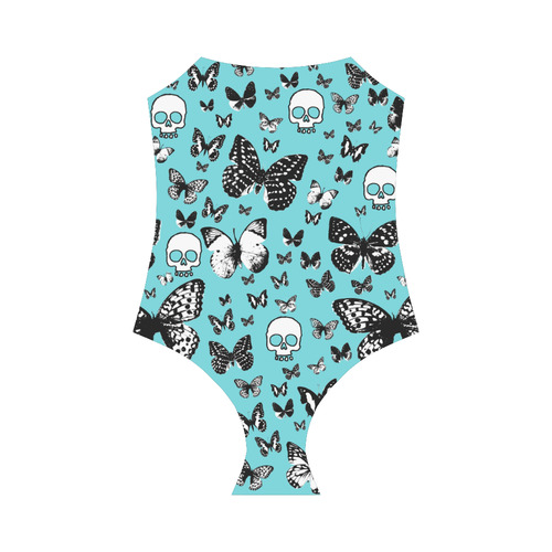 Skulls & Butterflies on light blue Strap Swimsuit ( Model S05)