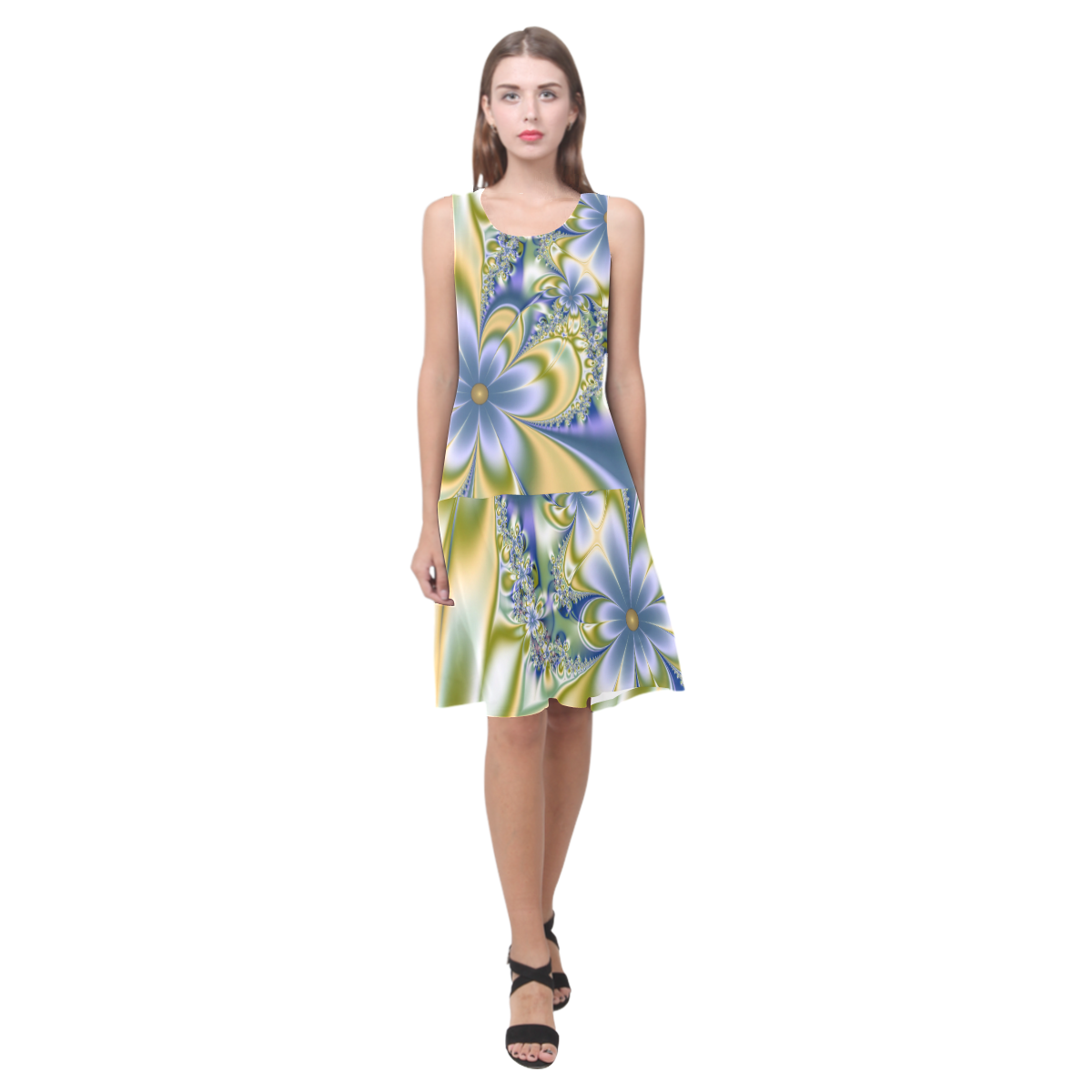 Silky Flowers Sleeveless Splicing Shift Dress(Model D17)