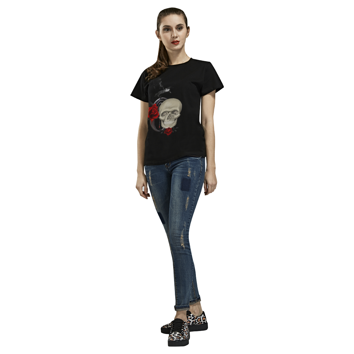 Gothic Skull With Raven And Roses All Over Print T-Shirt for Women (USA Size) (Model T40)
