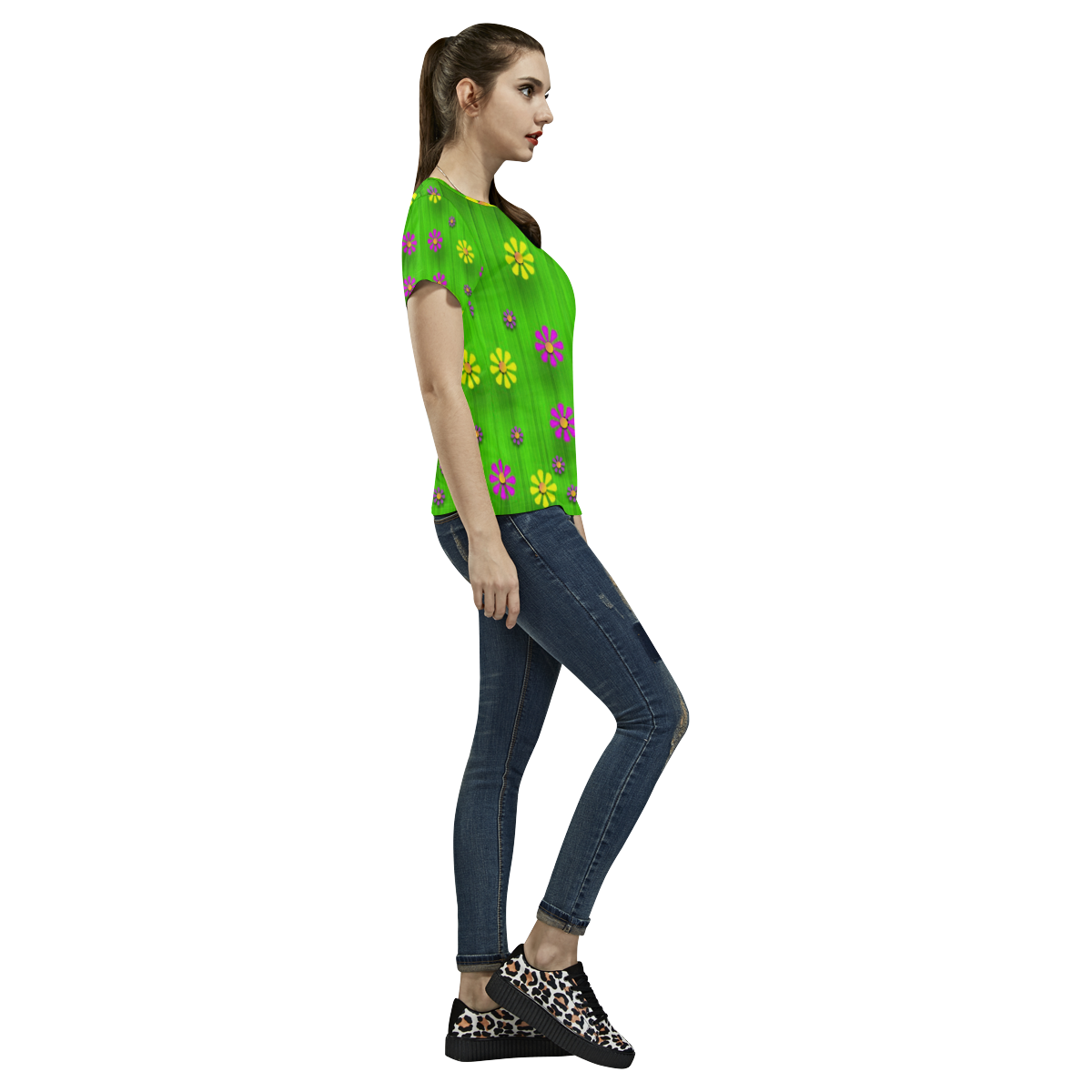 flower print on green All Over Print T-Shirt for Women (USA Size) (Model T40)