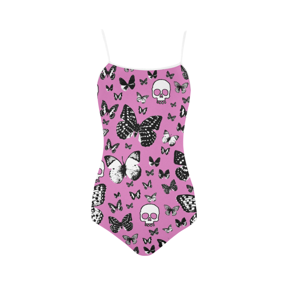 Skulls & Butterflies on light pink Strap Swimsuit ( Model S05)