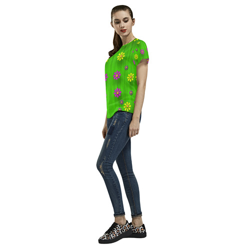 flower print on green All Over Print T-Shirt for Women (USA Size) (Model T40)