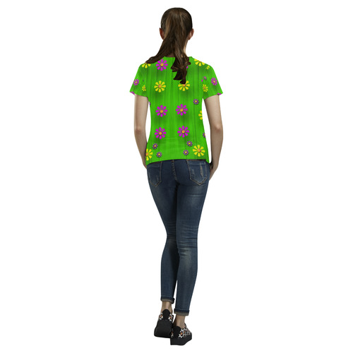 flower print on green All Over Print T-Shirt for Women (USA Size) (Model T40)