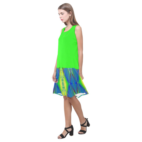 Colorful Neon Webs on the Water Fractal Abstract Sleeveless Splicing Shift Dress(Model D17)