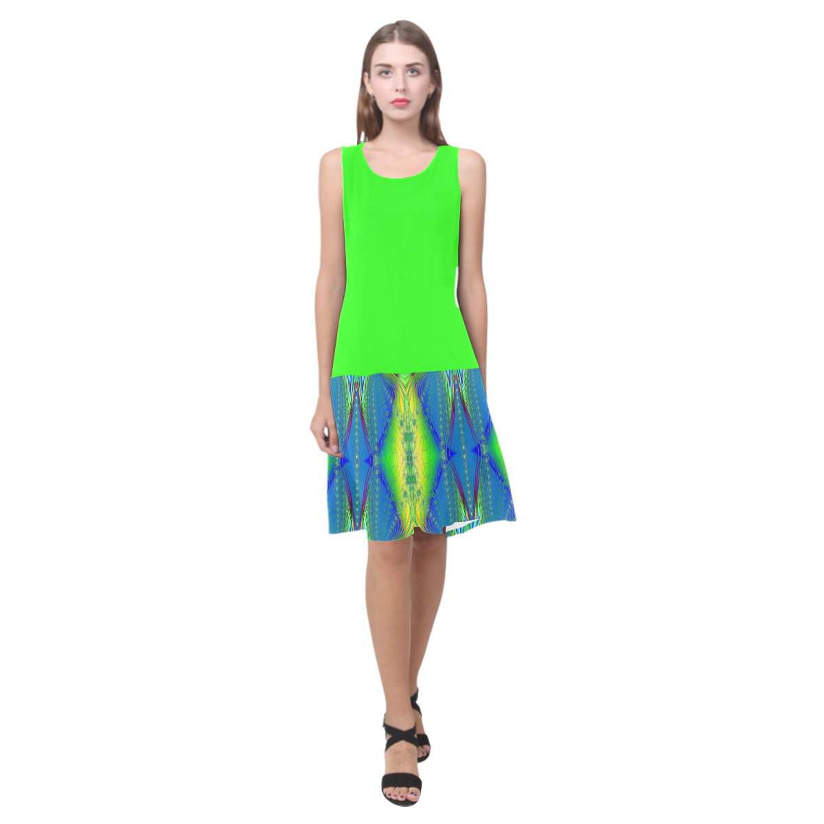 Colorful Neon Webs on the Water Fractal Abstract Sleeveless Splicing Shift Dress(Model D17)