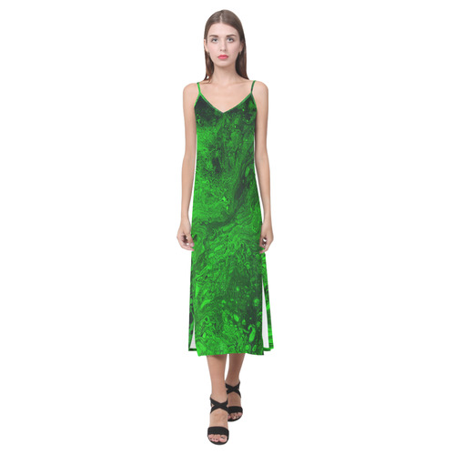 Secret Caves - Green V-Neck Open Fork Long Dress(Model D18)